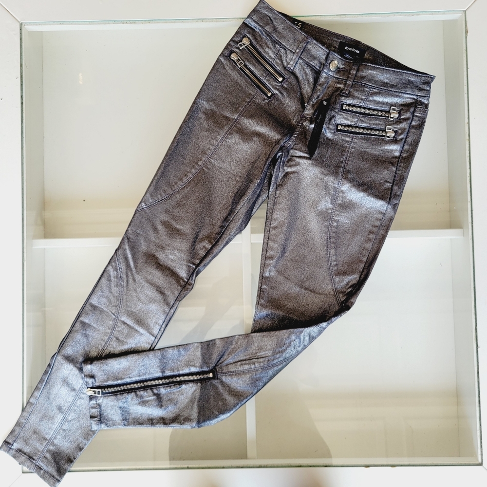 Bebe silver black shimmer moto skinny jeans NWT Size 25